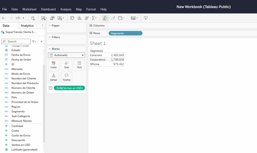 Ejemplo de visualización en Tableau con una dimensión (píldora azul) y una medida (píldora verde)