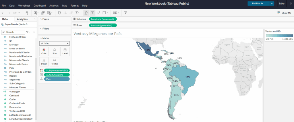 Ejemplo de visualización de un mapa en tableau mostrando el análisis entre venta y margen